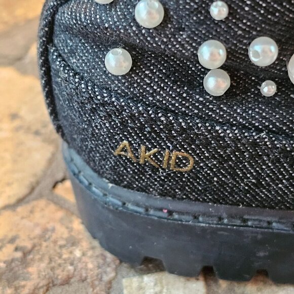 AKID Kids Black Denim Pearly Studded Boots Lace-Up & Side Zipper Size 10C - Picture 5 of 10